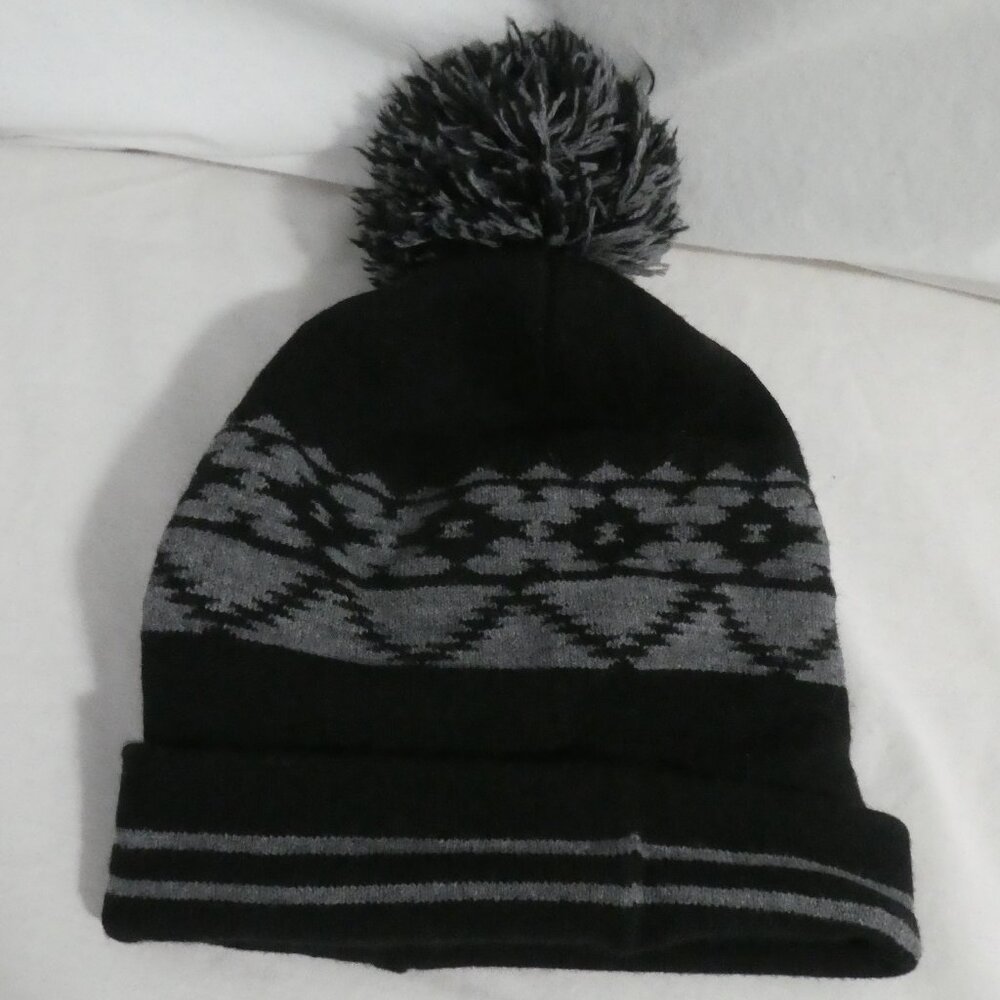 GEORGE | Knitted Black Winter Beanie / Toque With Pom Pom | Grey Stripe / Design
